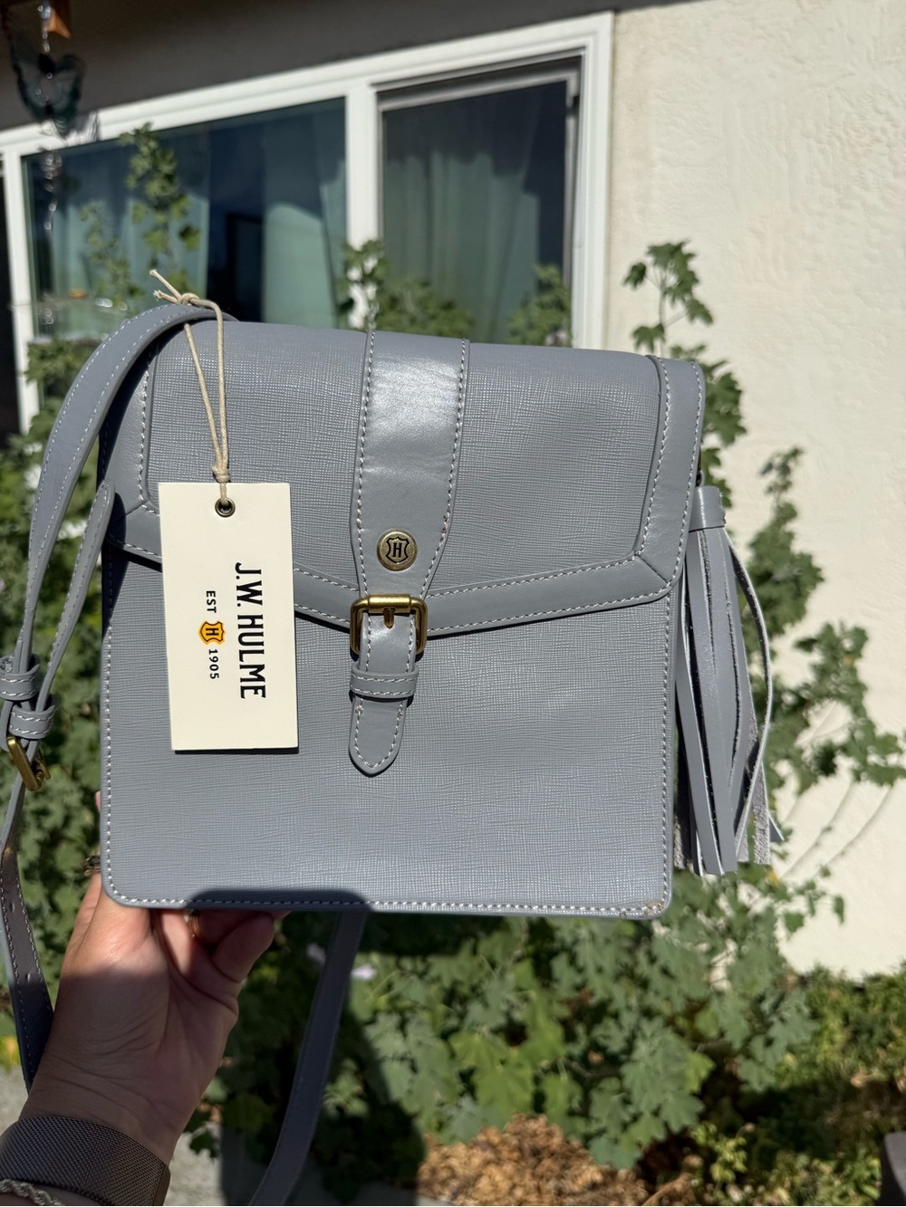 J.W. Hulme Light Gray Leather Crossbody Bag with Buckle Detail